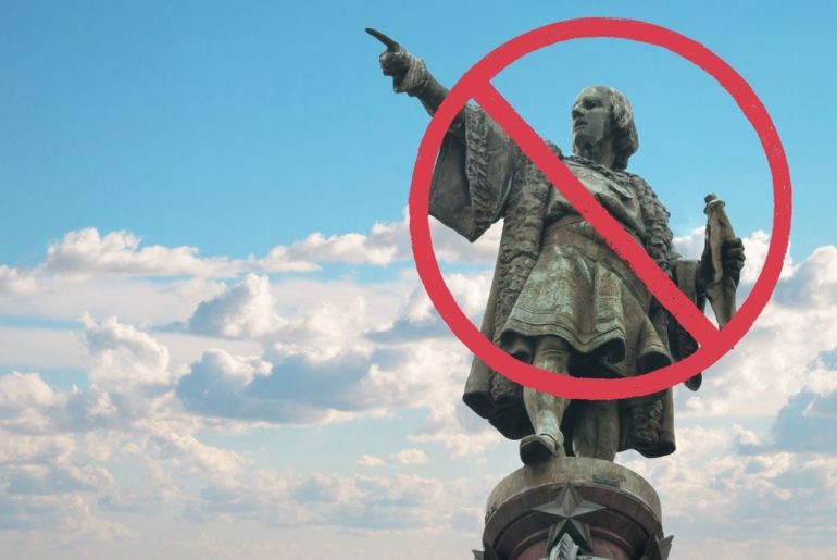 Christopher Columbus statue with a not allowed mark superimposed.